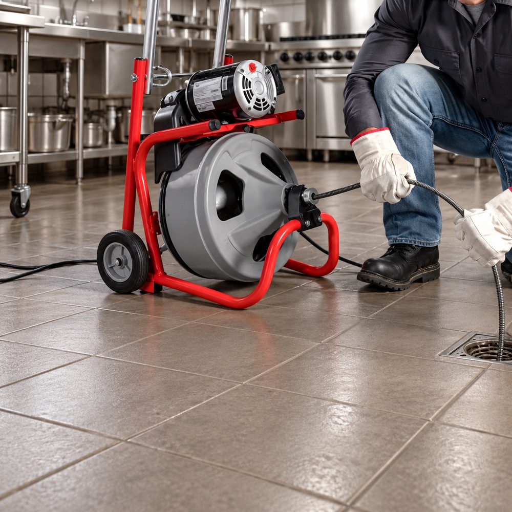 Drain machine clearing a commercial kitchen floor drain