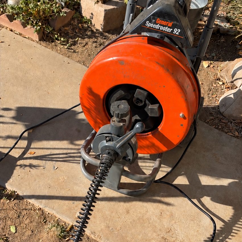 Water Wizard General Speedrooter 92 large drain machine clearing a main sewer line through an outdoor cleanout
